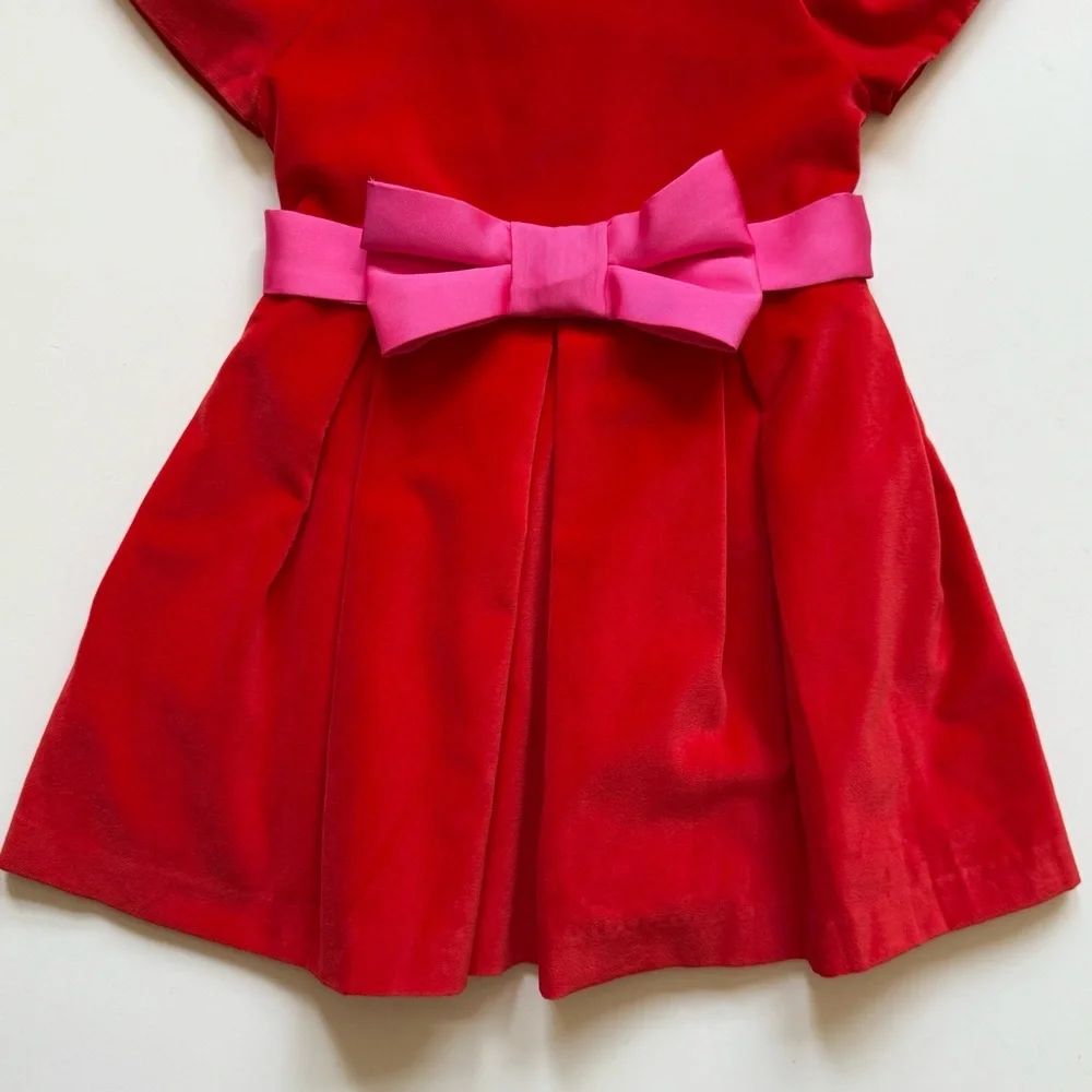 Jacadi Girls Philippine Dark Orange Pleated Velvet Holiday Dress w/ Pink Bow